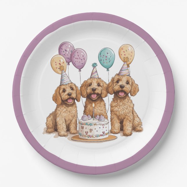 Birthday Goldendoodle Dogs Birthday Cake Paper Plate (Front)