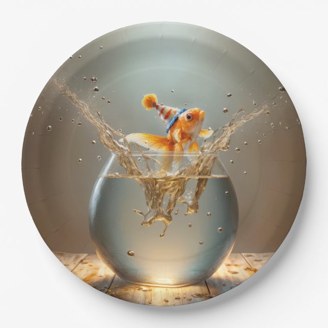Birthday Goldfish Jumping Out of Fishbowl Paper Plate (Front)