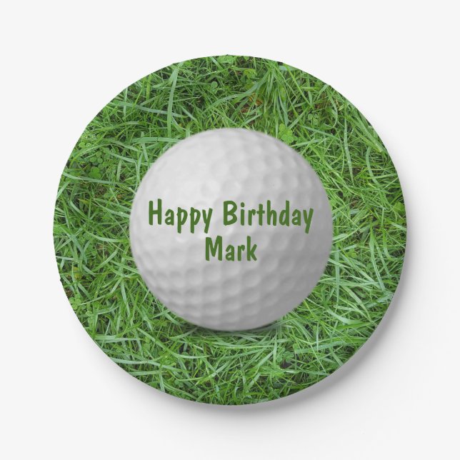 Birthday Golf Ball on Grass  Paper Plate (Front)