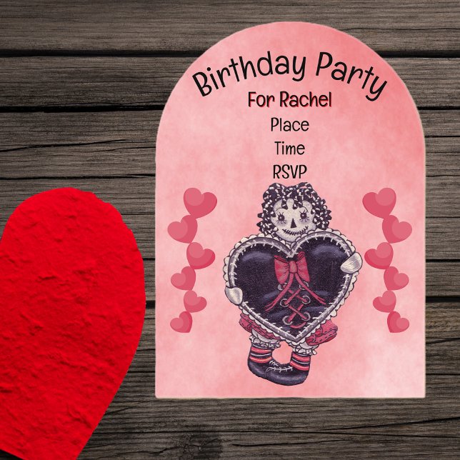 Birthday Gothic Rag Doll Black Heart Lace Pink Acrylic Invitations (Gothic rag doll holding black heart with red bow rows red hearts on pink Birthday invitation.)