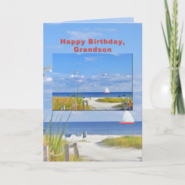 Birthday, Grandson, Beach and Ocean View Card (Front)