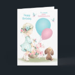 Birthday Great Granddaughter Girl with Puppy Card<br><div class="desc">Happy birthday card for a young Great Granddaughter featuring a sweet little girl carrying a basket full of flowers with 2 balloons,  accompanied by her adorable little brown puppy and blue butterflies.</div>