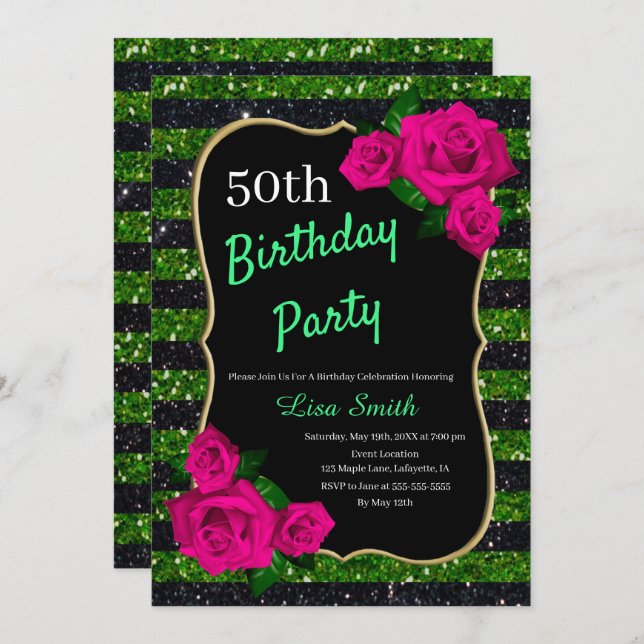 Birthday Green Black Stripes Glitter Pink Roses Invitation (Front/Back)