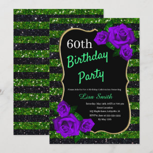 Birthday Green Black Stripes Glitter Purple Roses Invitation