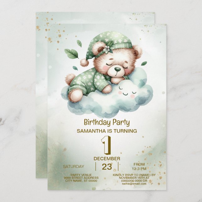 Birthday Green Boho Sleeping Teddy Bear Cute Party Invitation (Front/Back)