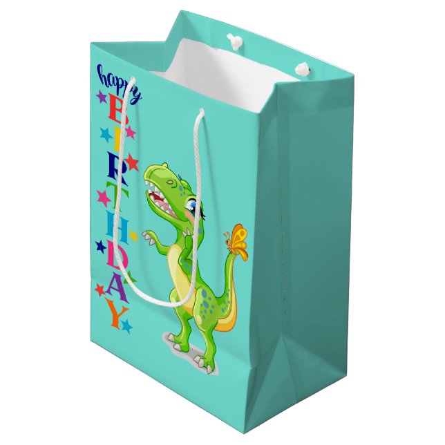 Birthday Green Dino Medium Gift Bag (Front Angled)