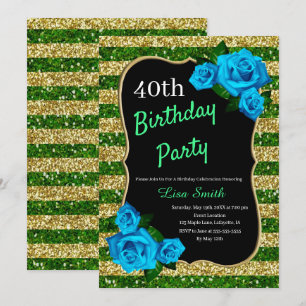 Birthday Green Gold Stripes Glitter Blue Roses Invitation