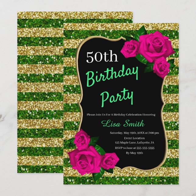 Birthday Green Gold Stripes Glitter Pink Roses Invitation (Front/Back)