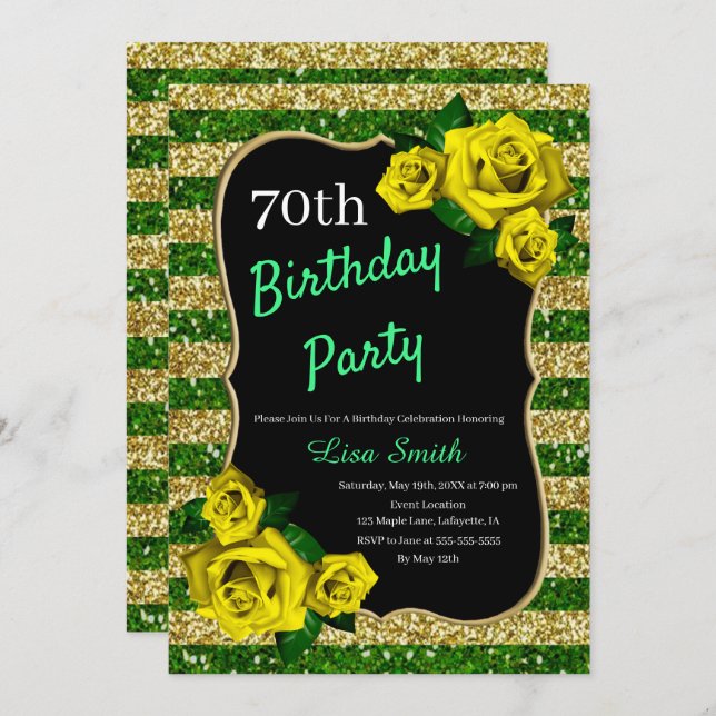 Birthday Green Gold Stripes Glitter Yellow Roses Invitation (Front/Back)