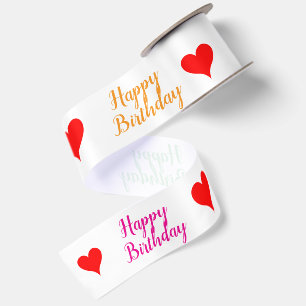 Birthday Green Pink Orange Red Hearts 3" Satin Ribbon