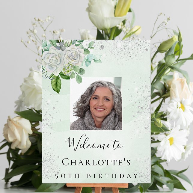 Birthday green silver floral photo welcome poster (Creator Uploaded)
