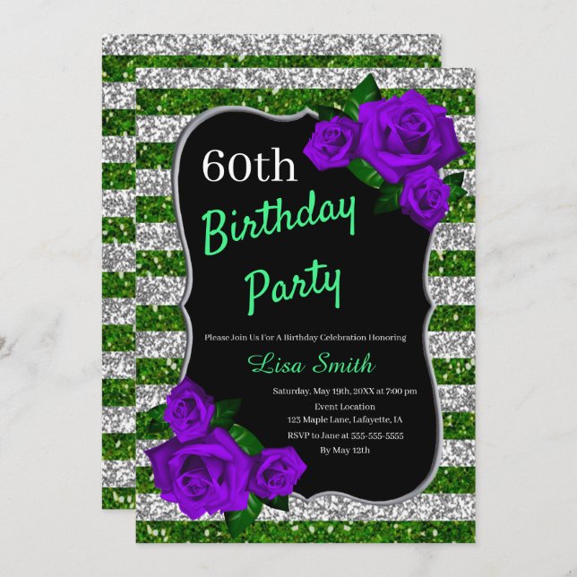 Birthday Green Silver Stripes Glitter Purple Roses Invitation (Front/Back)