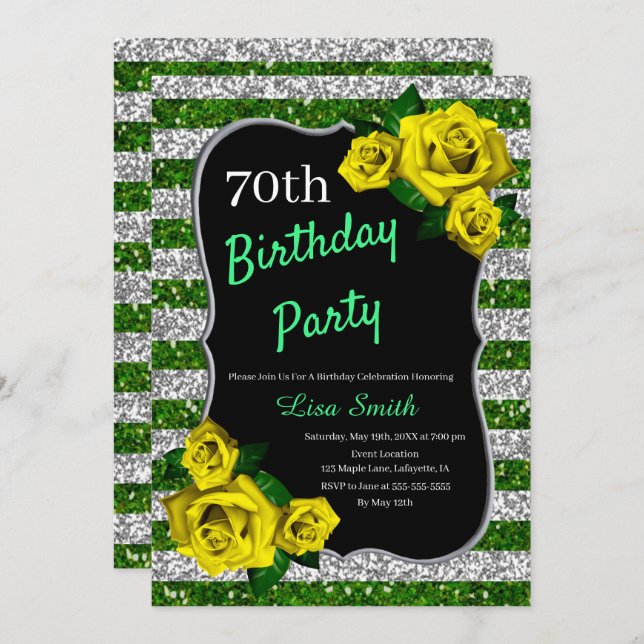 Birthday Green Silver Stripes Glitter Yellow Roses Invitation (Front/Back)