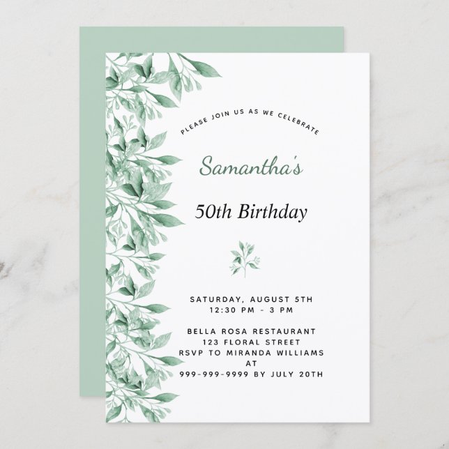 Birthday greenery botanical floral modern chic invitation (Front/Back)
