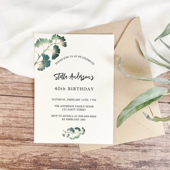 Birthday greenery ginkgo white script elegant invitation (Creator Uploaded)