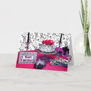 Birthday Greeting - Cake w/Fuchsia Flowers/Black Card