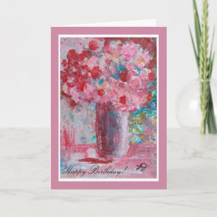Birthday Greeting Card with Pink Flowers Painting