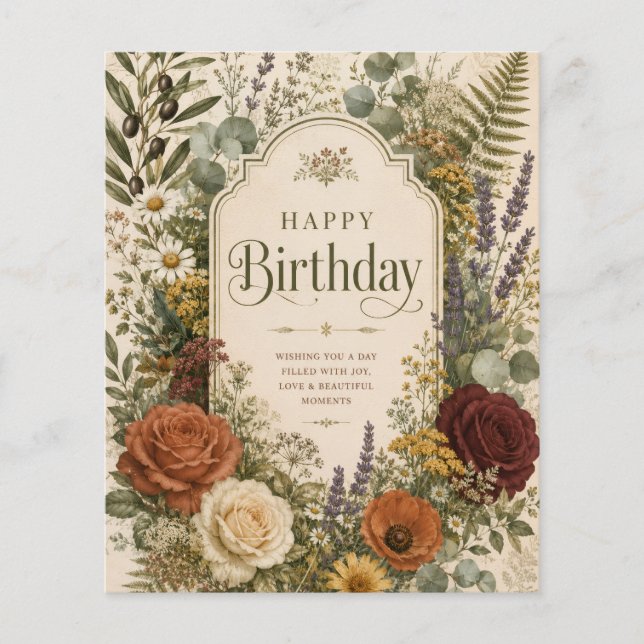 Birthday Greeting with Wildflowers ,Olive Branches Flyer (Front)