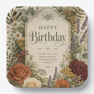 Birthday Greeting with Wildflowers ,Olive Branches Paper Plate