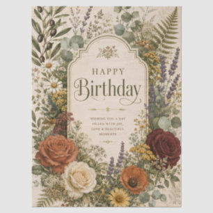 Birthday Greeting with Wildflowers ,Olive Branches Tissue Paper