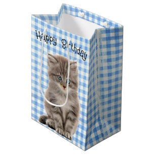 Birthday Grey Kitten On Gingham Medium Gift Bag