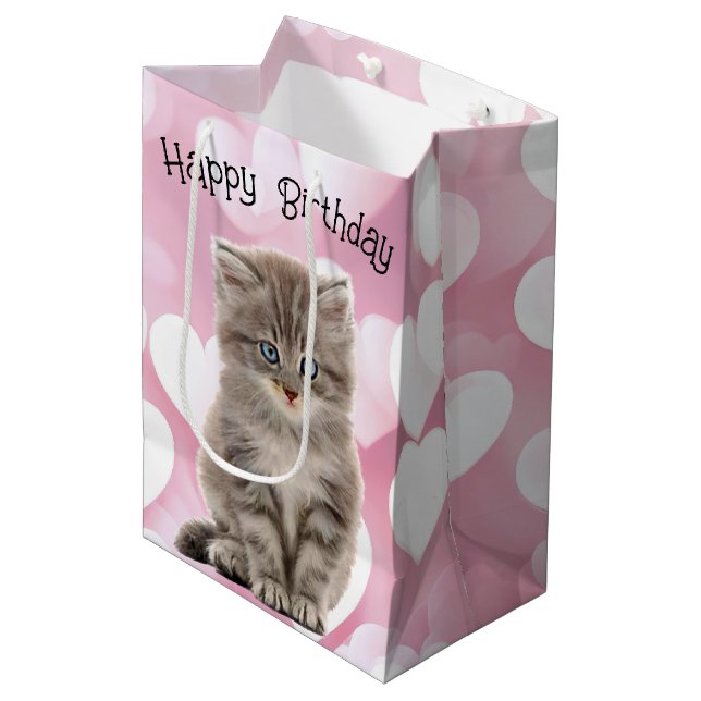 Birthday Grey Kitten On Hearts Medium Gift Bag (Front Angled)