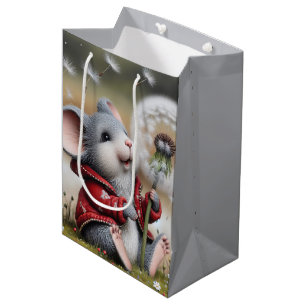 Birthday Grey Mouse With Fluffy Dandelion Medium Gift Bag