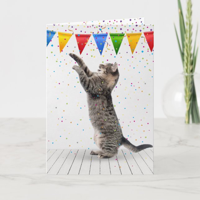 Birthday Grey Tabby Cat In Confetti Card (Front)