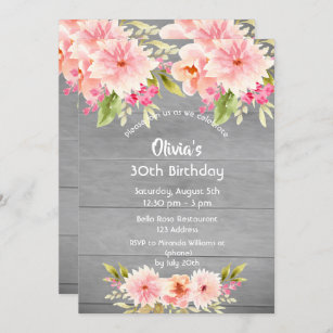 Birthday grey wood blush florals rustic invitation