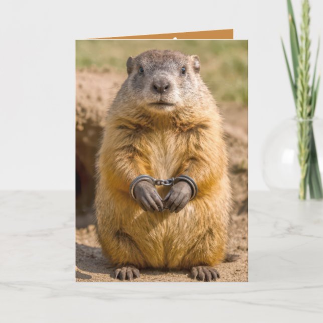 Birthday Groundhog Wearing Handcuffs Card (Front)