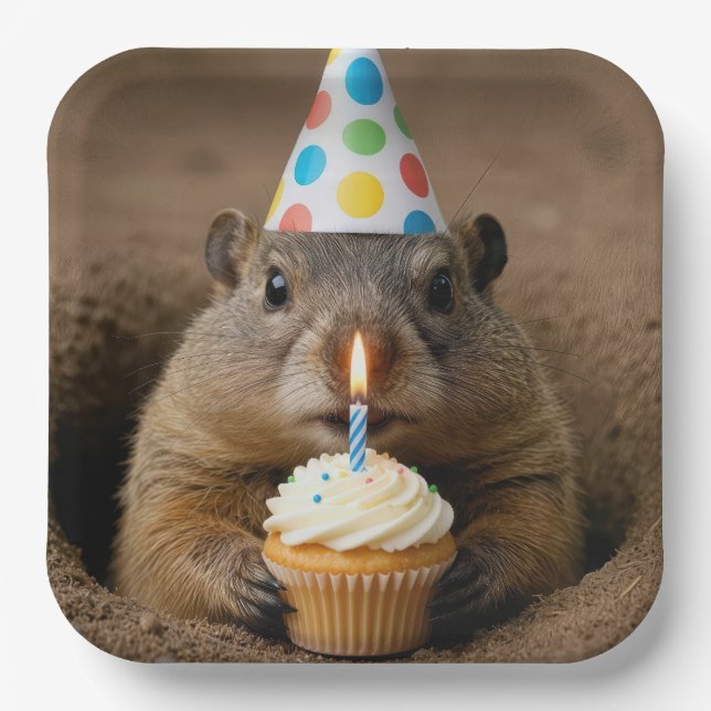 Birthday Groundhog with a Cupcake Paper Plate (Front)
