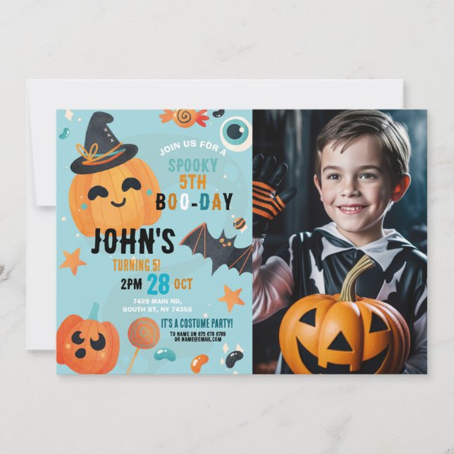 Birthday Halloween Pumpkin Blue Party Photo Invitation (Front)