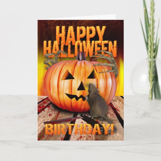 Birthday Halloween Pumpkin Rat, Skeleton Hands Card (Front)