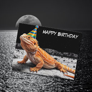 Birthday hat wearing bearded dragon birthday postcard