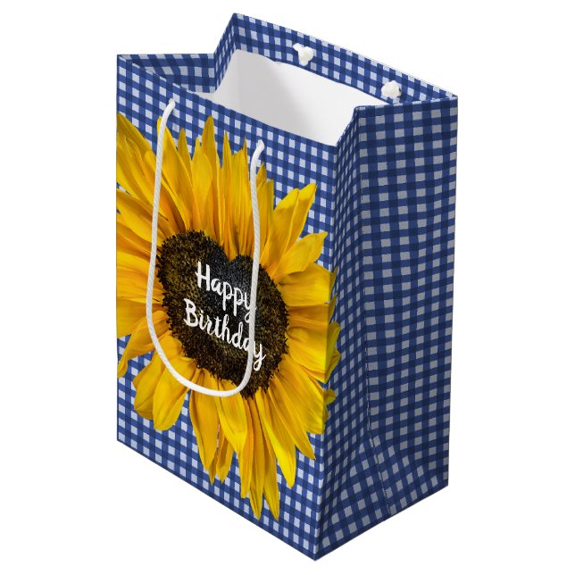 Birthday Heart Sunflower On Gingham Medium Gift Bag (Front Angled)
