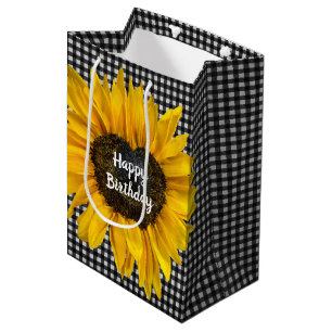 Birthday Heart Sunflower On Gingham Medium Gift Bag