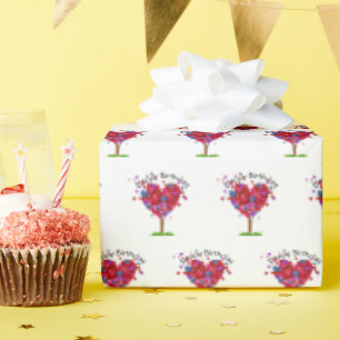 Birthday Heart Tree On White Wrapping Paper