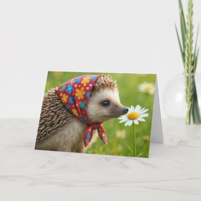 Birthday Hedgehog Sniffing a Daisy Card (Front)