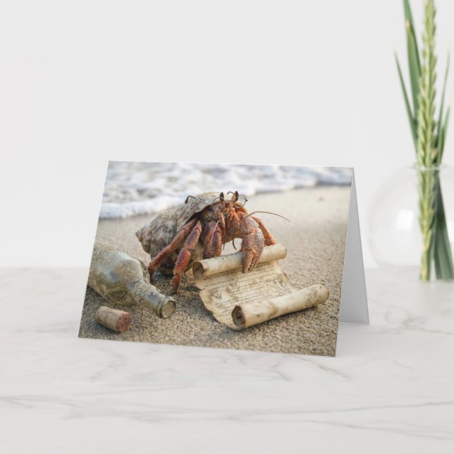 Birthday Hermit Crab Reading a Message on a Beach Card (Front)
