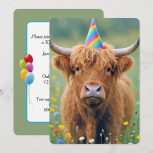 Birthday Highland Cow with Party Hat Invitation