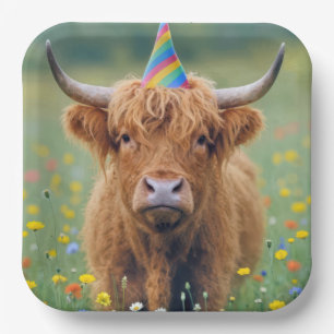 Birthday Highland Cow with Party Hat Paper Plate