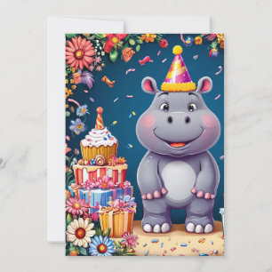 Birthday hippo with cake and balloons invitation
