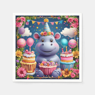 Birthday hippo with cake and balloons napkin