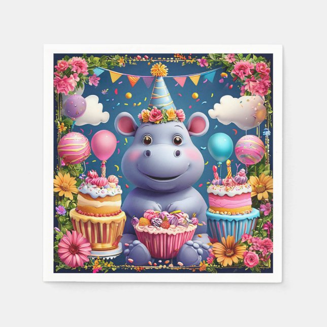 Birthday hippo with cake and balloons napkin (Front)