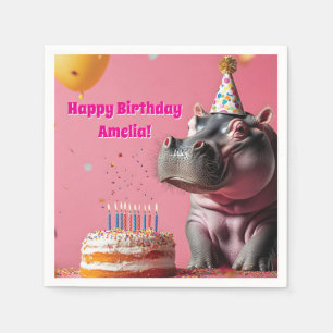 Birthday Hippo with Cake and Balloons Napkin
