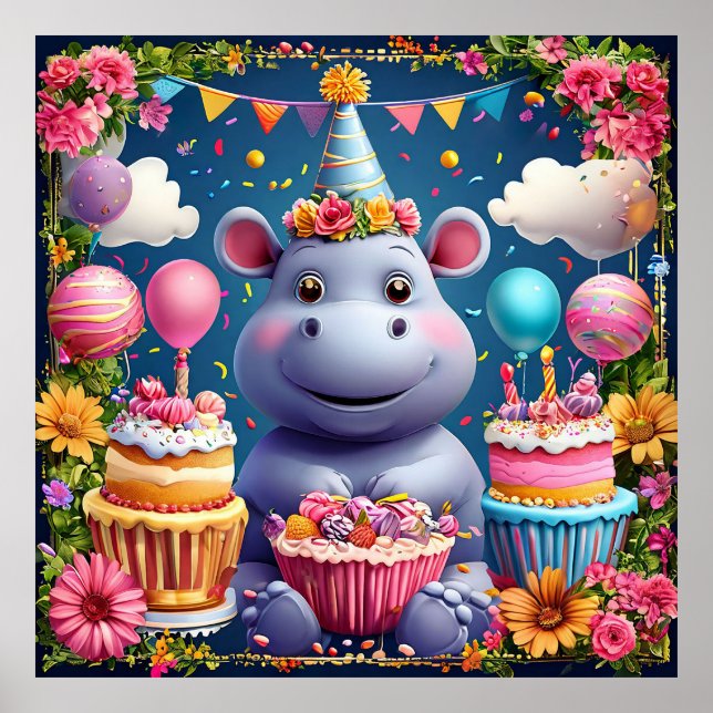 Birthday hippo with cake and balloons poster (Front)