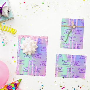 Birthday holographic pink glitter drips name wrapping paper sheet