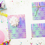 Birthday holographic pink glitter drips name wrapping paper sheet<br><div class="desc">For a feminine and glamourous Sweet 16, 16th (or any age) birthday. A rainbow, unicorn holographic background in pink, purple, rose gold and mint green with faux glitter drips, paint dripping look. Personalise and add a date, name and age 16. The name is written with a trendy hand lettered style...</div>