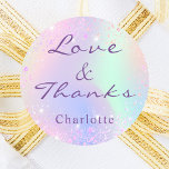 Birthday holographic pink thank you classic round sticker<br><div class="desc">A holographic background in pink,  purple and mint green. Decorated with faux sparkles. Personalise and add your name.  With the text: Love & Thanks.  Perfect for birthday party favours.</div>