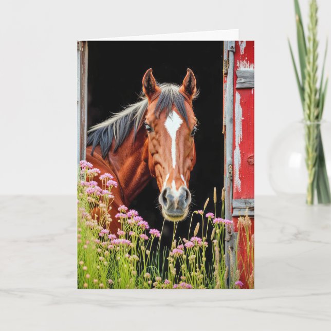 Birthday Horse In Barn Door With Wildflowers Card (Front)